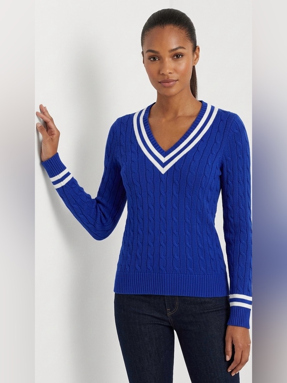 Lauren Active Ralph Lauren Royal Blue Cable Knit V-Neck Tennis Sweater‎